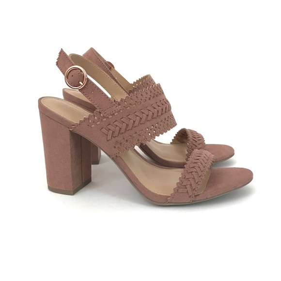 New! Block Heel Faux Suede Bohemian Pink Mauve Chunky High Heel Braided Sandals - Picture 3 of 12